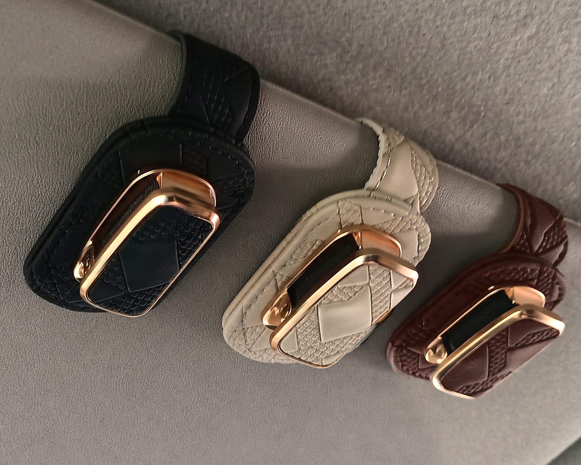Black, beige and brown Visorlix holders clipped onto a car sun visor